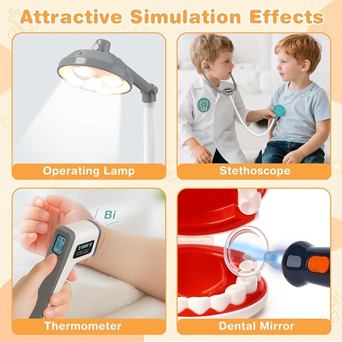 Dreamon Doctor Kit for Toddlers 3-5 Pretend Play Toys - 29 Pcs Kids Dentist Cart Play Set with Light and Costume - Role Play Medical Toy for 3+ Year Old Boys and Girls Christmas Birthday Gifts