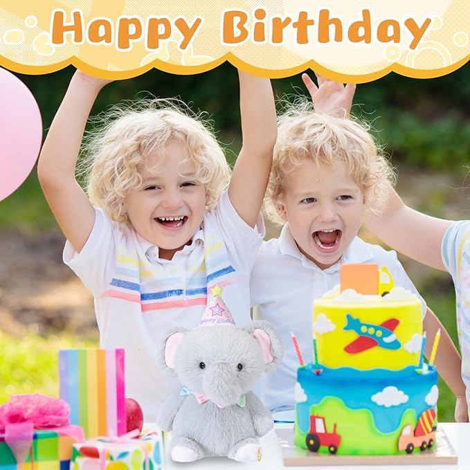 Happy Birthday Interactive Elephant, Musical Birthday Stuffed Animal Recording Mimicking Toy, Clapping Activates Singing Dancing Shaking, Cute Elephant Plush Gifts for Kids Girls Boys