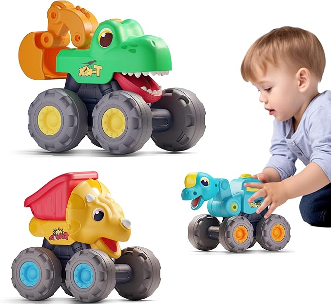 iPlay, iLearn Toddler Dinosaur Monster Truck Toy, Baby Pull Back Toy Car 1 2 3 Year Old Boy, Push Go Dinosaur Trucks, BigWheel Construction Vehicle, Cool Birthday Stocking Gift 12 18 24 Month Kid Girl