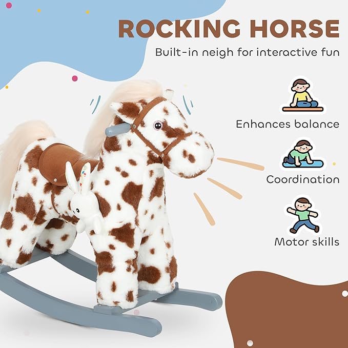 Qaba Rocking Horse, Kids Plush Animal Rocker with Realistic Neighing Sound for Toddlers 2–5 Years Old, Soft Filling Ride on Horse with Rabbit Toy, Brown