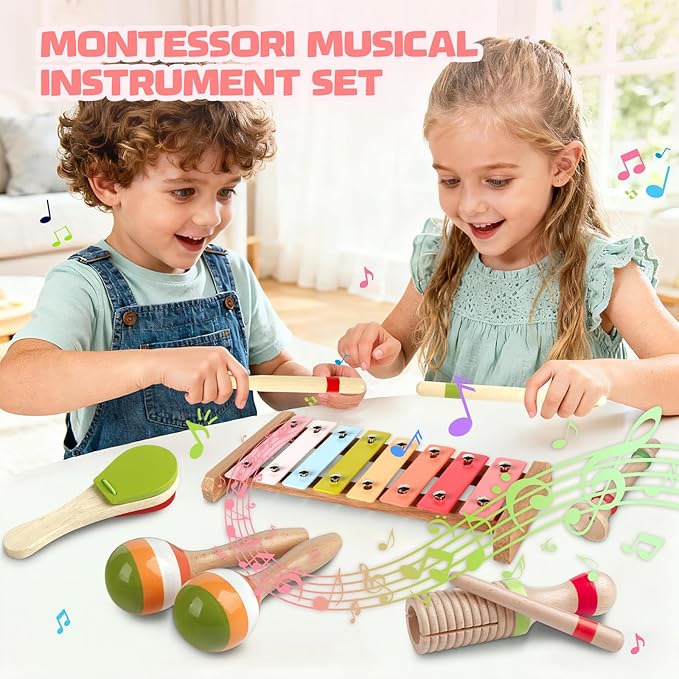 Baby Musical Instruments - Montessori Wooden Toys for Toddlers 1-3, Xylophone Maracas Tambourine Percussion Set, Kids Preschool Music Learning Toys Christmas Birthday Gifts for Boys Girls Age 3+, Pink