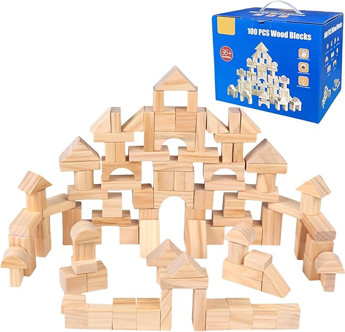 100 Pcs Kids Natural Colored Wood Building Block Toys Wooden Blocks Building Blocks for Toddlers Preschool Learning Toys Stacking Block Birthday Gifts for Toddlers