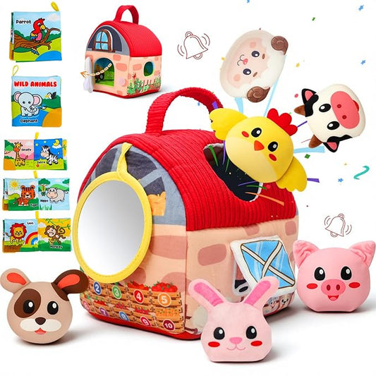 Baby Toys 6-12 Months, Barn Farm Stuffed Animals Sensory Newborn Toys for Babies Toddlers 1-3 Year Old with Rattle Crinkle Paper/Mirror/Cloth Books, Montessori Infant Toys for Boy Girl Birthday Gifts