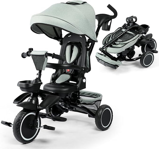 Kinder King Kids Tricycle, 8 in 1 Folding Toddler Trike w/Adjustable Push Handle, Rotatable Seat, Adjustable Canopy, Bell, Five-Point Harness, Storage, Toddler Stroller Bike for Age 6 Months+, Green