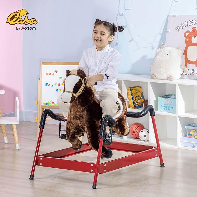 Qaba Kids Spring Rocking Horse, Ride on Horse for Girls and Boys with Animal Sounds, Plush Animal Ride-on Toy with Soft Feel, Interactive Toy for Kids, Dark Brown