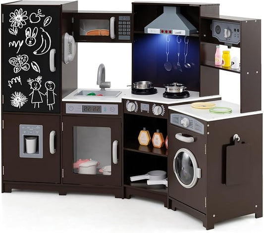 GLACER Corner Wooden Play Kitchen for Kids, Large Pretend Play Kitchen Playset with Sound, Light, Chalkboard, Microwave, Ice Maker, Washing Machine, Accessories, Toy Kitchen Set for Ages 3+ (Espresso)