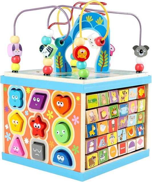 Qilay Wooden Activity Cube for Toddlers, 5 in 1 Multipurpose ABC-123 Abacus Early Educational Montessori Toys, Learning Toys for 3 Year Old | Bead Maze, Great for Boys Girls