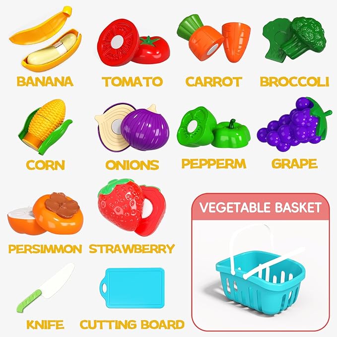 Toddler Toys Play Food Set, Learning Toy Cutting Food with Color Sorting Basket, Pretend Play Kitchen for Toddler 1-3 Preschool Learning Activities Montessori Toys for 1 2 3 Year Old Toddlers Kids