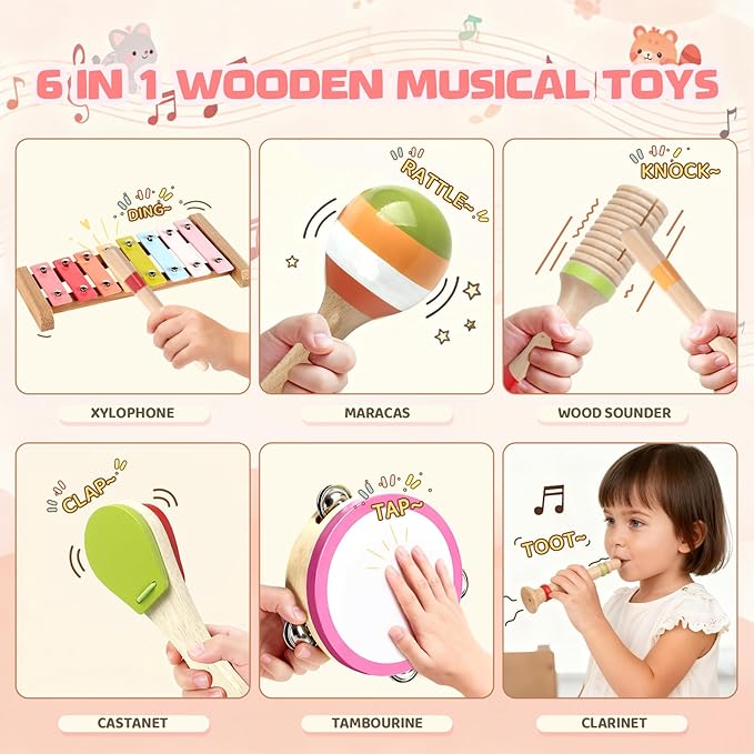Baby Musical Instruments - Montessori Wooden Toys for Toddlers 1-3, Xylophone Maracas Tambourine Percussion Set, Kids Preschool Music Learning Toys Christmas Birthday Gifts for Boys Girls Age 3+, Pink