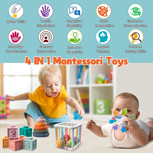 Montessori Baby Toys - Pull String Teether, Stacking Blocks, Sensory Shapes Storage Bin, Infant Bath Time Fun, 4 in 1 Toddlers Toy for Baby Boys Girls