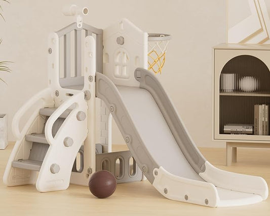 XJD 5 in 1 Toddler Slide, Kids Slide for Toddlers Age 1-3, Outdoor Indoor Playset for Toddlers with Basketball Hoop and Ball, Storage Space Christmas Birthday Gifts for Toddler (Gley)
