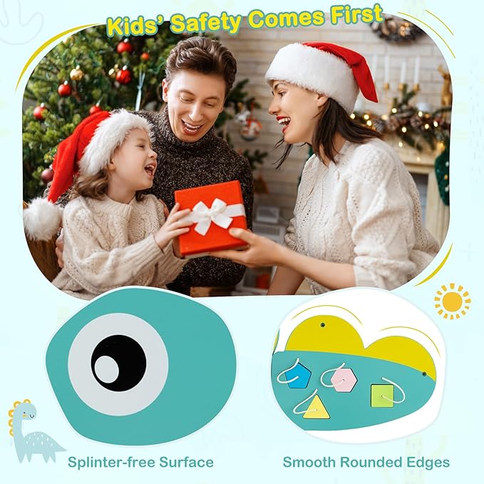 HONEY JOY Dinosaur Activity Wall Busy Board Panels, 11-in-1 Wooden Sensory Wall Panel for Kids, Toddler Learning Activity Center, Ideal for Playroom Daycare Nursery Classroom Dentist Office (Green)