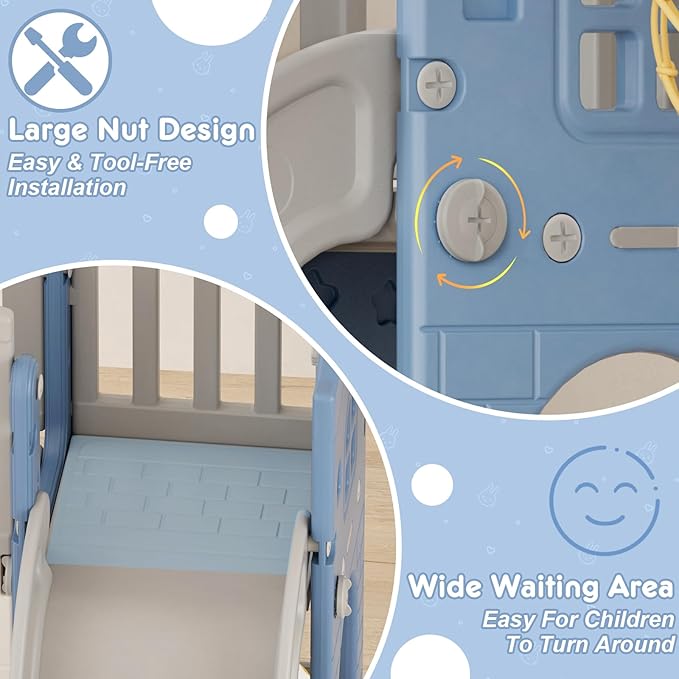 KORIMEFA 7-in-1 Toddler Slide & Climber Playset with Basketball Hoop, Ring Toss, Telescope Indoor/Outdoor Activity Center for Kids 1-3 Years Blue