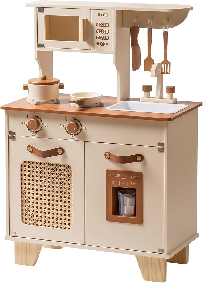 ROBOTIME Play Kitchen with Pretend Ice Cube Dispenser for Kids, Wooden Kids Kitchen Playset, Toy Kitchen Set for Toddler Age 3 4 5 6 (Mocha)