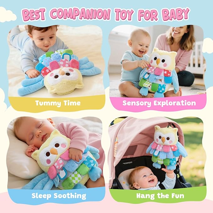 JoyCat Baby Tummy Time Toys 0-12 Months, Sensory Owl Stuffed Animal, Soft Montessori Infant Toy with Textured Crinkle Mirror, 13 Inch Carseat Toy for Newborn Boy Girl Shower Christmas Gift