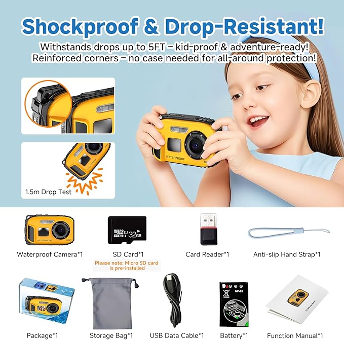 Underwater Floating Digital Camera – 48MP HD Bare-Body Waterproof Camera, No Case Needed for Underwater Fun & Childhood Memories (Yellow)