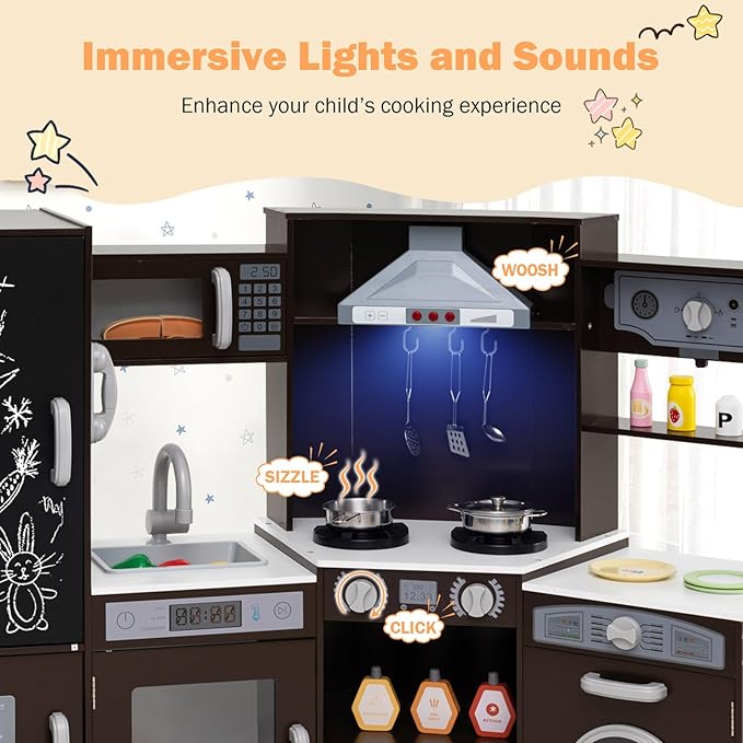 GLACER Corner Wooden Play Kitchen for Kids, Large Pretend Play Kitchen Playset with Sound, Light, Chalkboard, Microwave, Ice Maker, Washing Machine, Accessories, Toy Kitchen Set for Ages 3+ (Espresso)