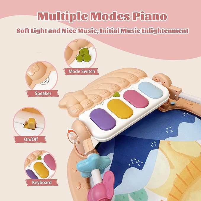 Baby Play Mat Activity Gym, Musical Activity Center, Kick and Play Piano Gym, Tummy Time Mats for Newborn Babies Infants Toddlers Boys Girls 0-3-6-9-12 Months (Apricot)