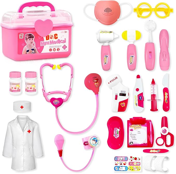 24Pcs Doctor Kit for Toddlers 3-5, Kids Doctor Pretend Play Set with Costume, Stethoscope, Funny Doctors Kit Toys Christmas Birthday Gift for Girls Ages 3 4 5 Year Old, Pink