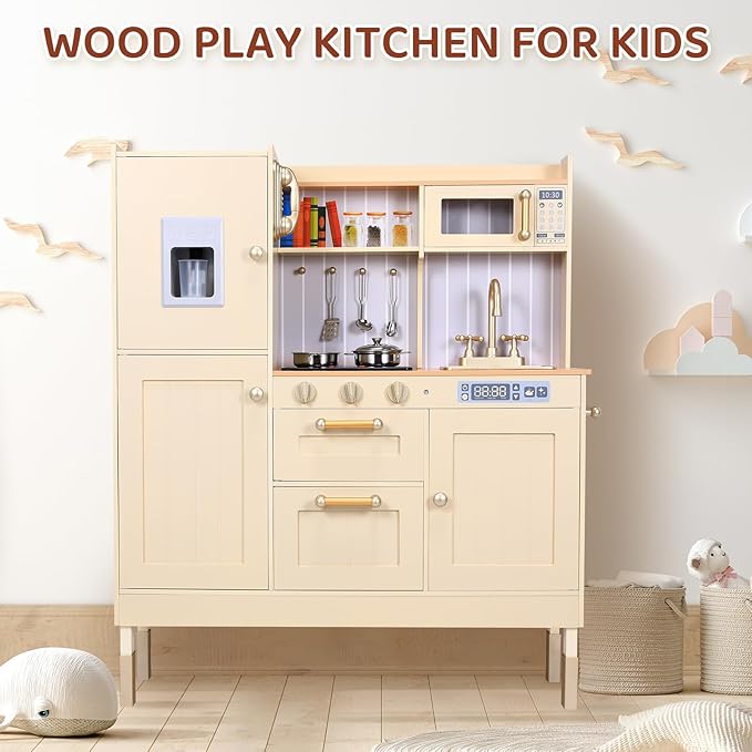 Wooden Play Kitchen for Kids, Toddler Vintage Kitchen Toy Set w/Pretend Phone, Ice Maker, Towel Rack, Height Adjustable Realistic Playset Chef w/Light & Sound (Beige)