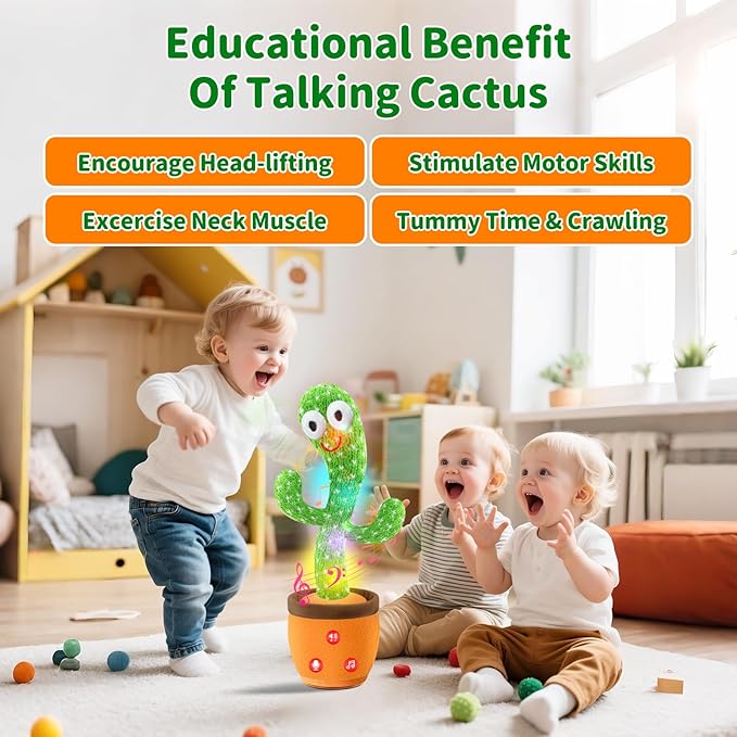 Rechargeable Dancing Talking Cactus Toy with Adjustable Volume, Interactive Cactus Baby Toys for Toddler, Boys Girls Gifts Singing Mimicking Recording Repeating What You Say with 120 English Songs