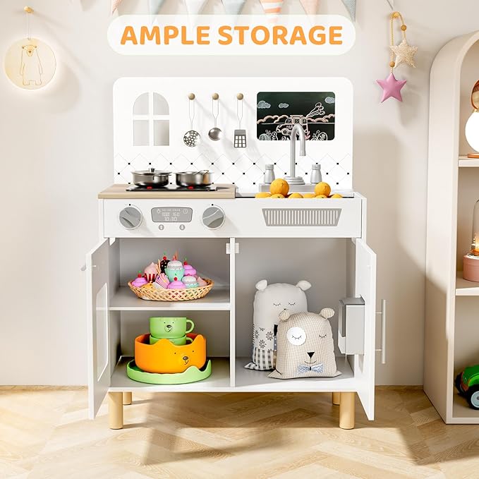 MAMIZO Play Kitchen for Kids, Pretend Playset with Blackboard & Realistic Lights & Sounds, Ultimate Interactive Wooden Kitchen with Knob Sounds, Sink, Water Dispenser, 6 Pcs Cookware for Ages 3+,White