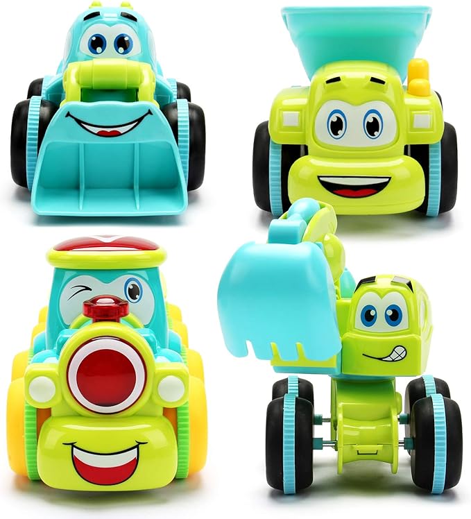 Toys for a 2 Year Old Boy - 4 Friction Powered Trucks for 3+ Year Old Boys, Push & Go Cars Cartoon Construction Vehicle Set - Best Toddler Boys Toys & Toy Trucks, Play Pull Back Car, Idea