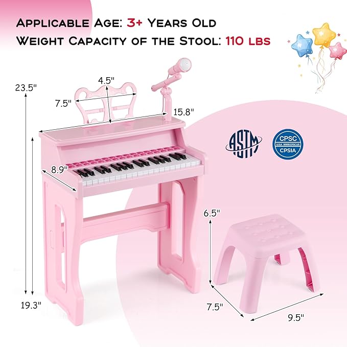 HONEY JOY Kids Piano, 37-Key Kids Keyboard Piano w/ Music Stand & Bench, Gift for Babies w/ Microphone, Portable Electronic Educational Musical Instrument, for Girls Boys (Pink)