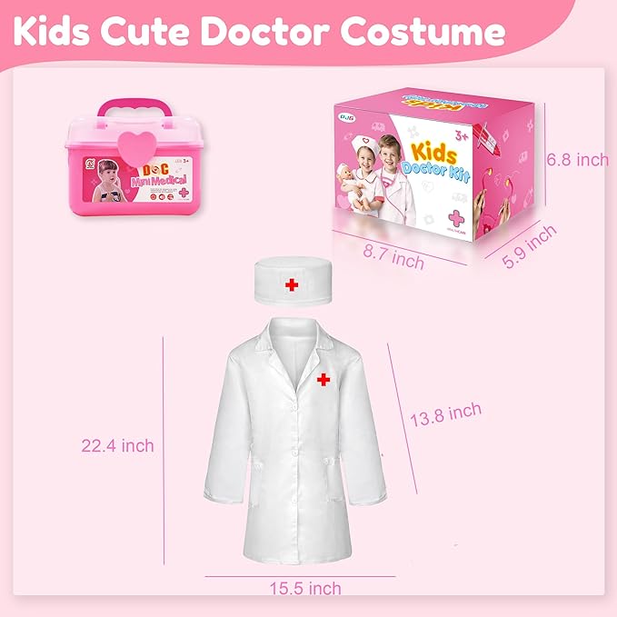 24Pcs Doctor Kit for Toddlers 3-5, Kids Doctor Pretend Play Set with Costume, Stethoscope, Funny Doctors Kit Toys Christmas Birthday Gift for Girls Ages 3 4 5 Year Old, Pink