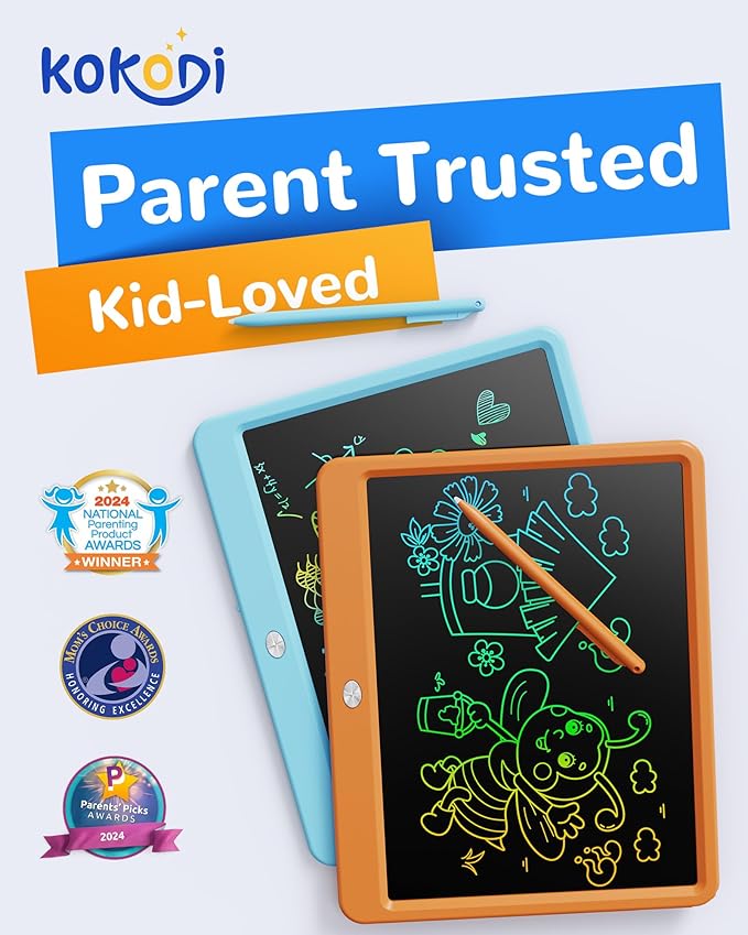 KOKODI LCD Writing Tablet, 12 Inch Colorful Toddler Doodle Board Drawing Tablet, Erasable Reusable Electronic Drawing Pads, Educational and Learning Toy for 3-6 Years Old Boy and Girls(Orange)
