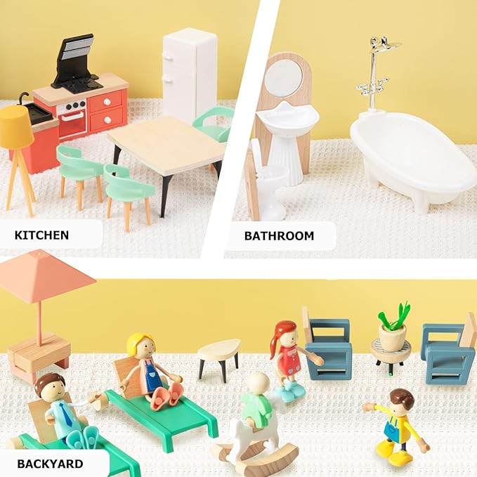 43PCS Wooden Dollhouse Furniture Set 6 Rooms with 5 Family Dolls,Wood and Plastic Dollhouse Accessories, in/Outdoor Scenes Pretend Play Toys Christmas Birthday Gift for Boys Girls & Kids 3Y+