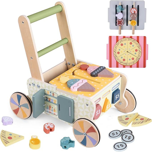 Wooden Baby Walker with Wheels, Montessori Kitchen Walking Toys, Pretend Play Grocery Toys, Sorting and Stacking Toys for Infants and Toddlers, Push and Pull Learning Activity Walkers