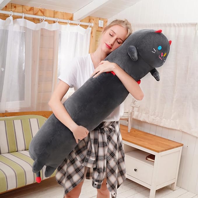 Mewaii Long Cat Plush 5 Sizes, 120% Extra Filling Giant Plushness Kids Body Pillow, Kawaii Cute Black Cat Stuffed Animals Plushies, Big Long Body Pillow Cat Plush Gift for Girls 20”