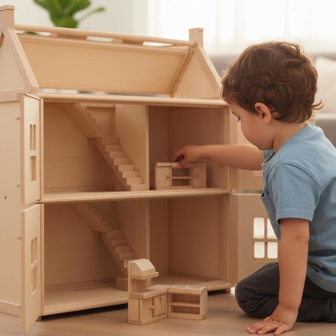 PlanToys Wooden Classic Line of Dollhouse Furniture- Kitchen Set (9013) | Sustainably Made from Rubberwood and Non-Toxic Paints and Dyes |PlanNatural Classic Wooden Toy Collection