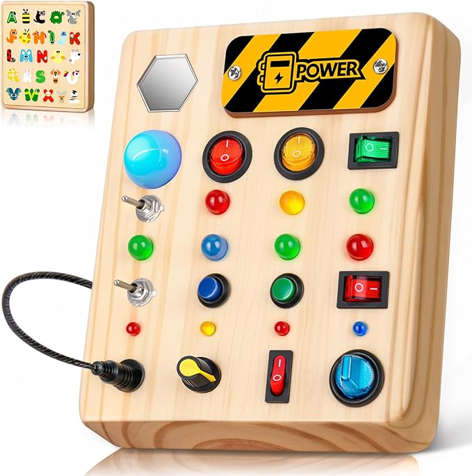 LED Busy Board, Wooden Sensory Toys for Toddler, Montessori Music Toy for Airplane, Travel Activity Educational Learning Toy, Busy Light Switch Autism Toys, Birthday Boys Girls Gifts