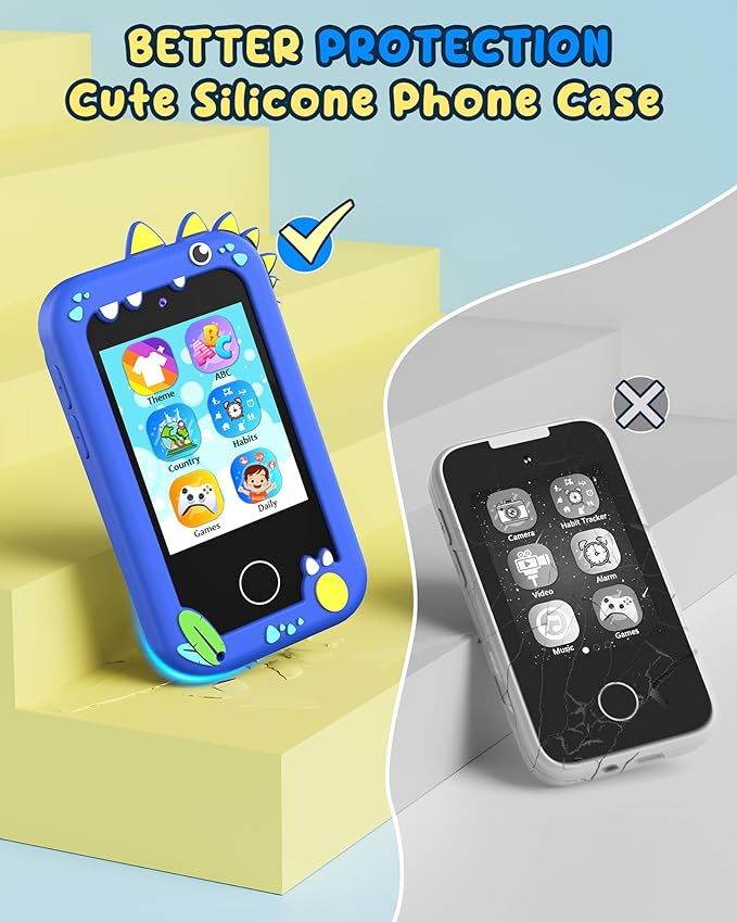 UCIDCI Dinosaur Kids Smart Phone Toys for Boy Dual Camera & Music Player Toddler Selfie Phone Toys Road Trip Toys with Learning Games, Christmas, Birthday Gifts for 3 4 5 6 7 Year Old Blue