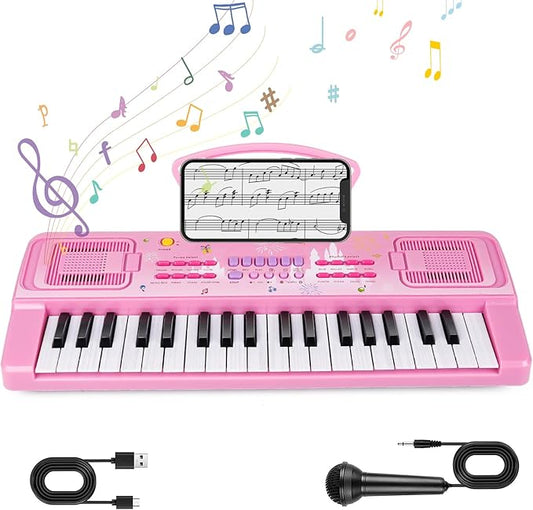 Kids Keyboard Piano, 37 Keys Keyboard Electric Digital Piano, Early Learning Educational Musical Toys Piano for Kids Toddlers Beginners with Music Stand, Microphone - Christmas Birthday Gifts, Pink
