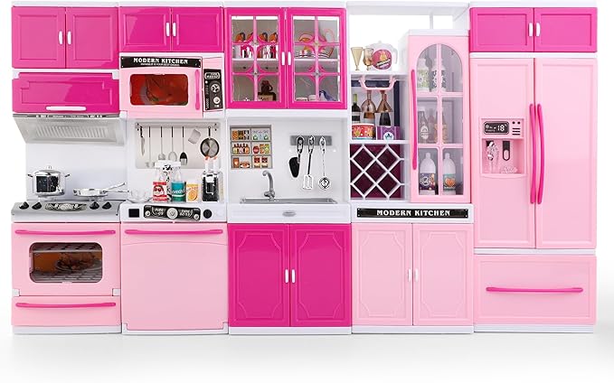 Doll Kitchen Playset for Kids, My Modern Mini Kitchen House Furniture Pretend Play Toy Accessories Set with Realistic Lights & Sounds for Toddlers, Girls (5-in-1 Kitchen Set)