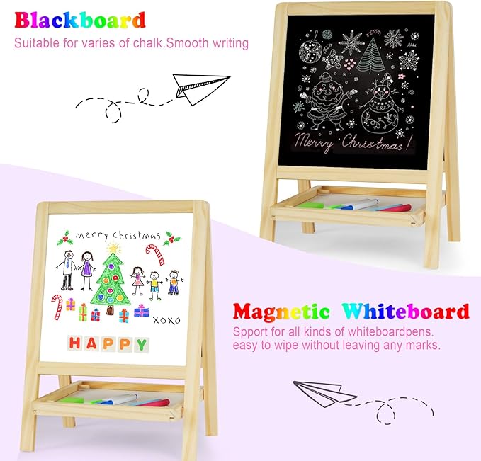 Kids Tabletop Double-Sided Wooden Art Easel - Chalkboard & Whiteboard Painting Board for Toddlers, Dry-Erase Classroom Desk Easel with Chalk, Markers, Eraser, Magnetic Letters/Numbers & Flashcards