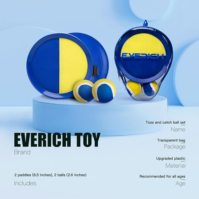 EVERICH TOY Upgraded Toss and Catch Ball Game Set - Indoor and Outdoor Games for Kids 3-12, Beach Sand Pool Water Toy Includes 2 Paddles 2 Sticky Balls, Great Birthday Gifts for Boys Girls