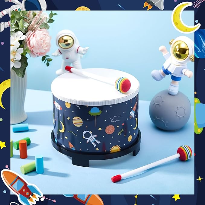 Boao Floor Tom Drum for Kids 8'' W x 6.5'' H Wooden Percussion Instrument Music Drum with 2 Rainbow Mallets Astronaut Educational Toys for Baby Children Toddler Boy Girl Birthday Gift