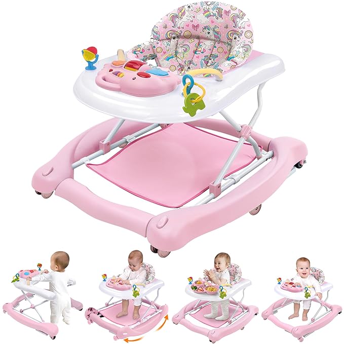 Foldable Baby 5-in-1 Activity Walker - Rocker, Activity Center, Bouncer, Seat Walker, Push Walker - Adjustable Speed Rear Wheels and Height Toys Ages 6-18 Months(Pink)