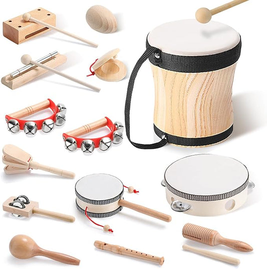 Chumia Toddler Musical Instruments Set 13 Pcs Montessori Wooden Percussion Instruments with Drum Preschool Educational Baby Early Learning Music Toys Set for Little Boys Girls Kids Children Gifts