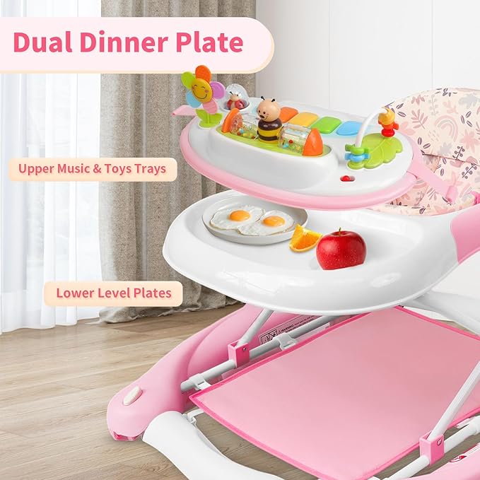 5 in 1 Baby Walker, Music and Lights Walker for Baby Boy Girls 6-12 Months, Foldable Baby Walkers with Wheels and Bouncer Combo Portable, Toddler Infant Walker with Adjustable Height