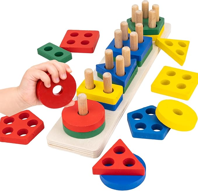 Montessori Toys for 1 2 3 Year Old, Wooden Stacking & Sorting Toy with Geometric Shapes, Educational Learning Toys and Birthday Gifts for Toddlers Boys Girls 1-3