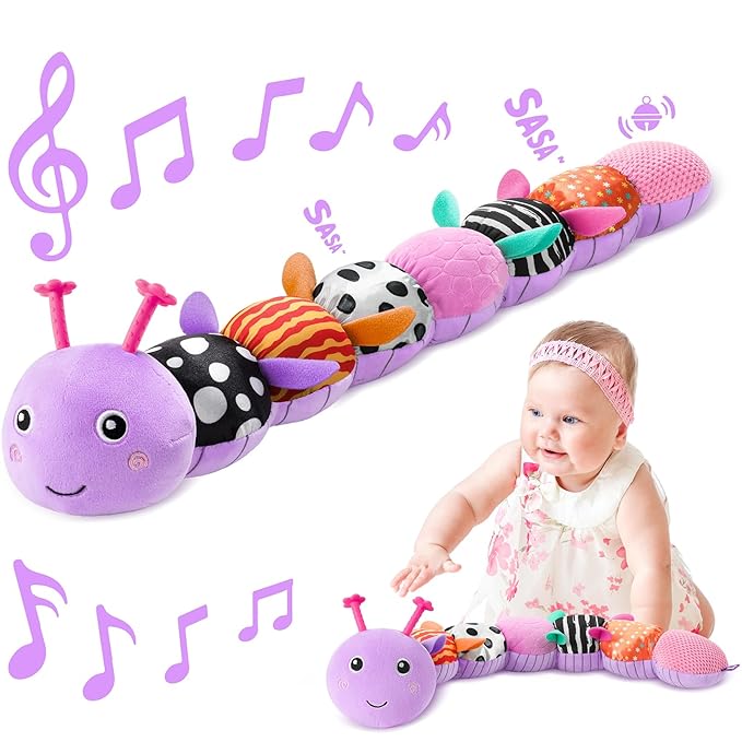 Sumobaby Infant Baby Musical Stuffed Animal Toys for 0-3-6-12 Months,Multi Sensory Toys with Crinkle and Rattles, Tummy Time Toys for Newborn Boys Girls, Caterpillar, Purple