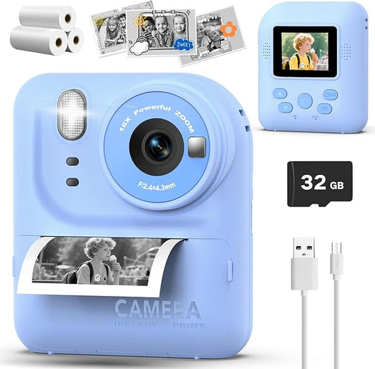 Kids Camera Instant Print Photo, Portable Thermal Printing Camera Toy with HD Digital Video, for 3-12 Years Old Boys Girls, Creativity & Learning (Blue)