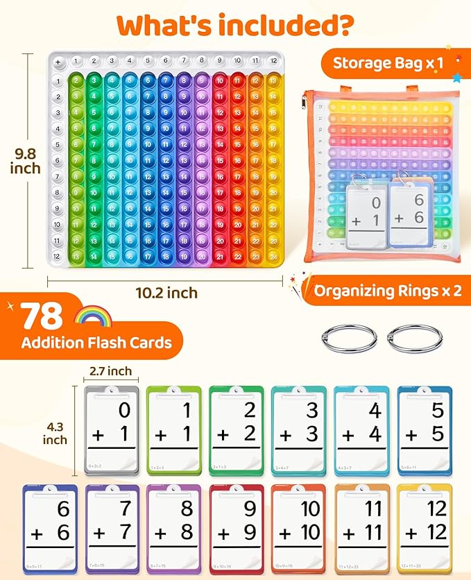 JoyCat Addition Flash Cards +Chart,78 Hole Punched Flashcards for Kids Pre K,1st,2nd,3rd Grade,Math Learning Tools Games,Perfect for Class,Birthday-with 2 Rings,1 Storage Bag
