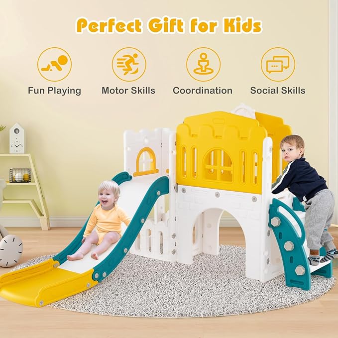 Costzon 9 in 1 Toddler Slide, Kids Slide and Climber Playset with Basketball Hoop, Telescope, Steering Wheel, Aisle, Tunnel & Storage Space, Baby Indoor Playground for Kids Aged 1+