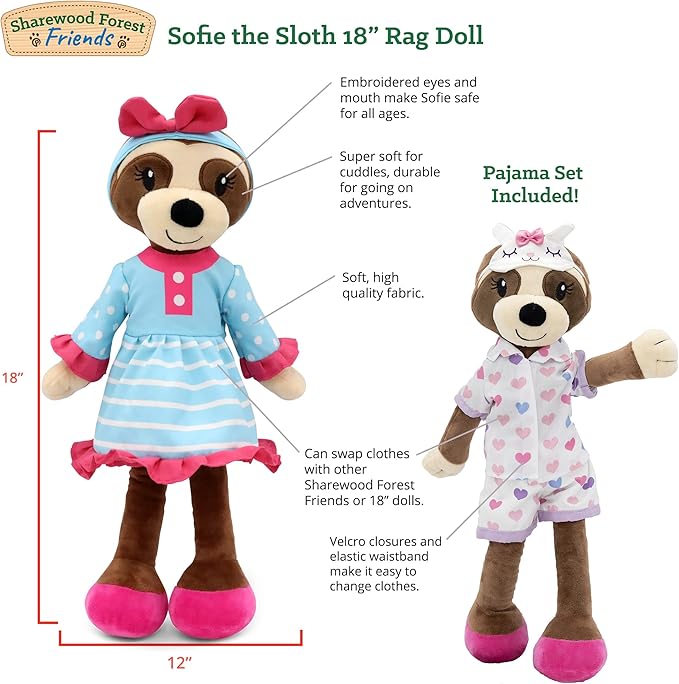 Plushible Soft Baby Doll, 18 Inch Sloth - Plush Rag Doll with 2 Clothing Sets, My First Plush Toy for Girls, Boys & Infants, Soft Baby Stuffed Toy, Adorable Companion for 1 Year Old & Up